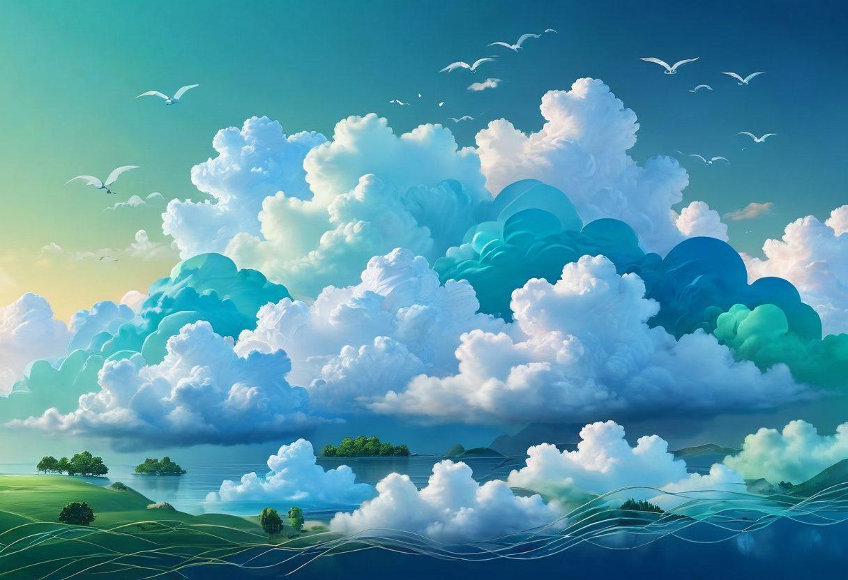 A serene digital landscape depicting beautifully organized files and folders flowing seamlessly through a vibrant network of clouds. Include artistic representations of various file types as colorful icons interconnecting with gentle lines, symbolizing efficient sharing. The background features a calming gradient emphasizing clarity and beauty. super-realistic. vibrant colors. 3D.