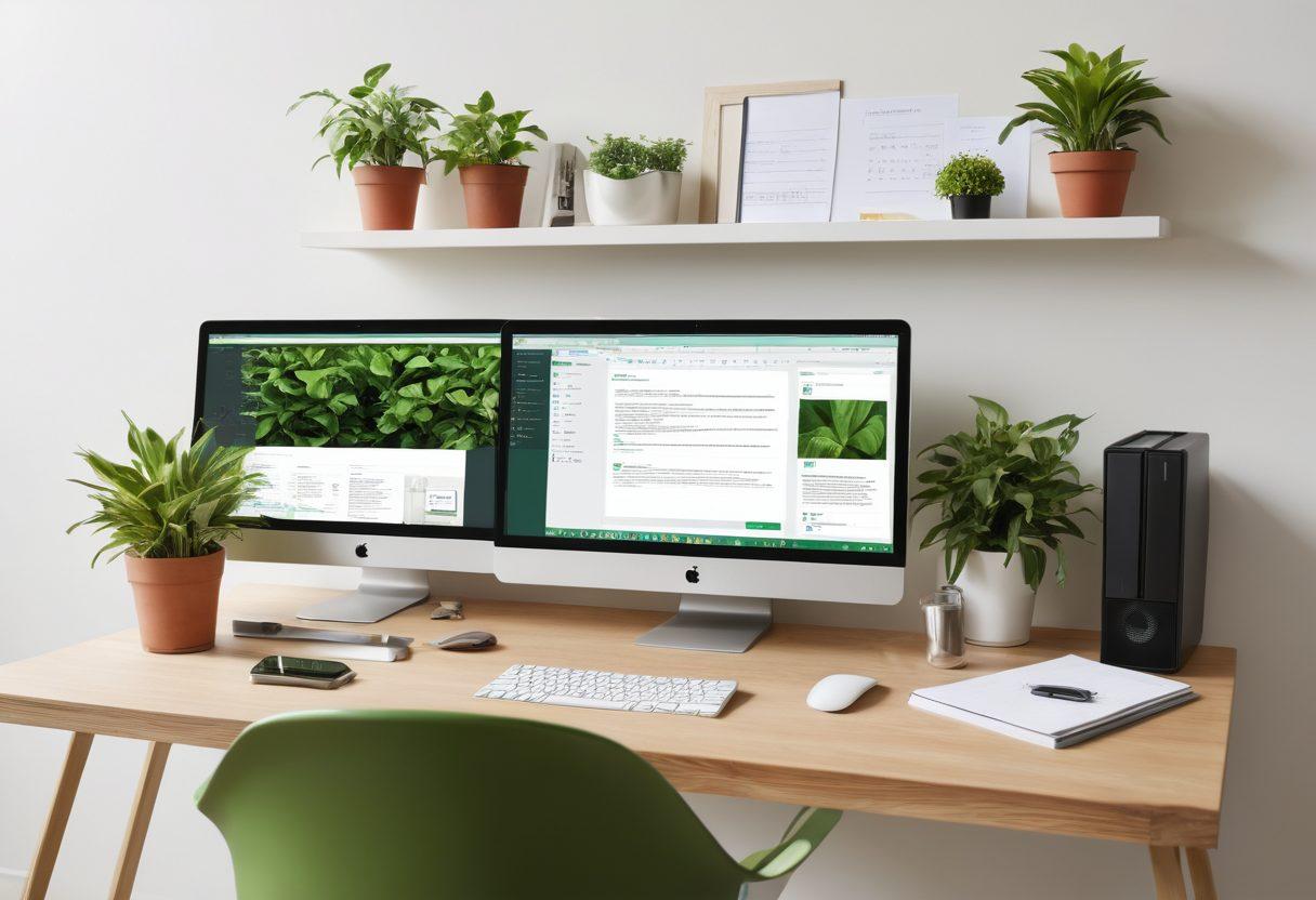 A sleek workspace featuring a modern computer screen displaying an organized digital file management system, surrounded by aesthetic elements like plants, notebooks, and tech gadgets. Include floating icons representing file sharing and digital collaboration, emphasizing simplicity and aesthetics. Soft, bright lighting creates a welcoming atmosphere. minimalistic design. vibrant colors. super-realistic.